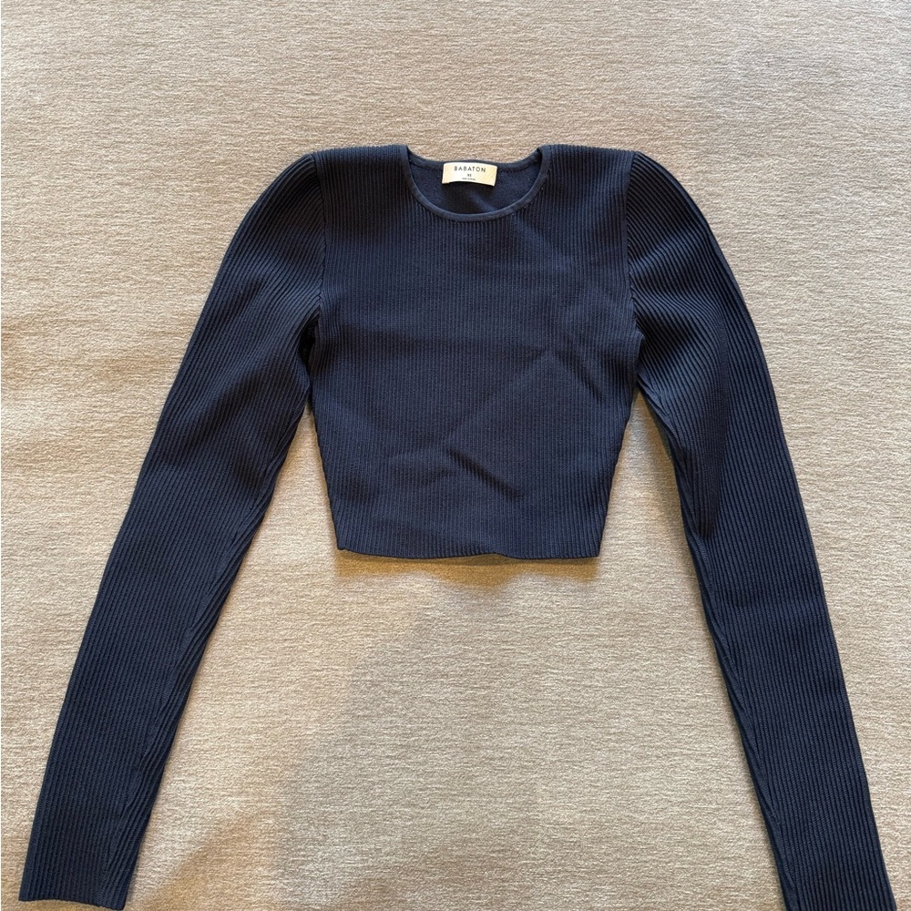 Zara Navy Ribbed Long Sleeve Top